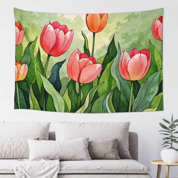 Peach Velvet Tapestry 60x40 Inch No Damage Wall Hanging Soft Durable Backdrop Poster Wall Decor For Home Party Watercolor Flower Oriental Tulip Hanging Art