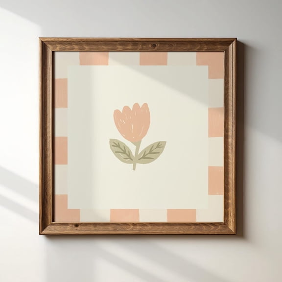 Peach Watercolor Style Checkered Tilly Floral Print Instant Trendy Decor Living Room Art Cottage Nursery Wall Art Modern Wall Decor