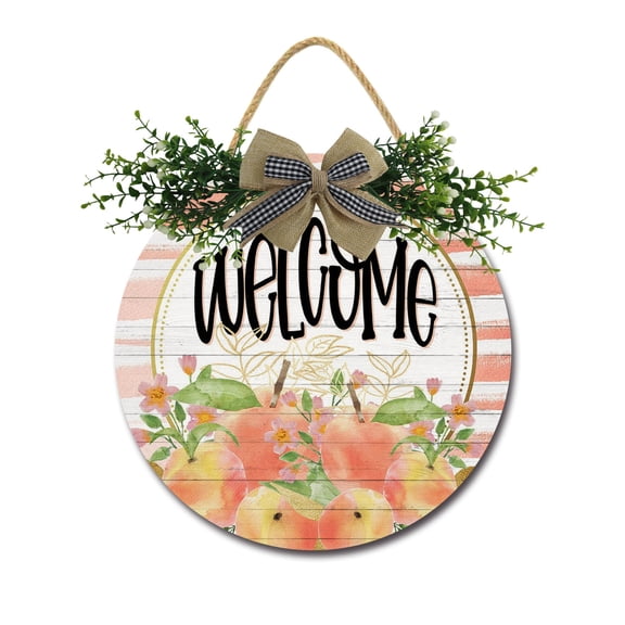 Peach Welcome Front Door,Horizontal Round Door Wreaths,Housewarming Gift Farmhouse Wood Door Hanger for Home Decor Indoor and Outdoor, Classroom, Yard, Porch Décor