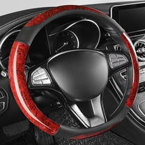 Peach Wood Grain Leather Steering Wheel Cover Four Seasons Universal Sport Style Anti-Slip 15 Inch Comfortable Grip, Red