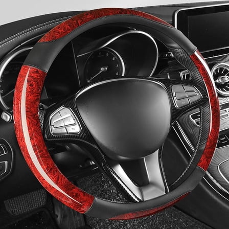 Peach Wood Grain Leather Steering Wheel Cover Four Seasons Universal Sport Style Anti-Slip 15 Inch Comfortable Grip, Red