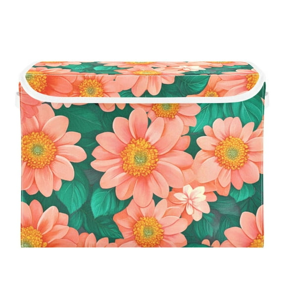 Peach and Coral Flowers Large Storage Bins with Linen Collapsible Lid Storage Box 16.7 x 12.6 x 11.8in