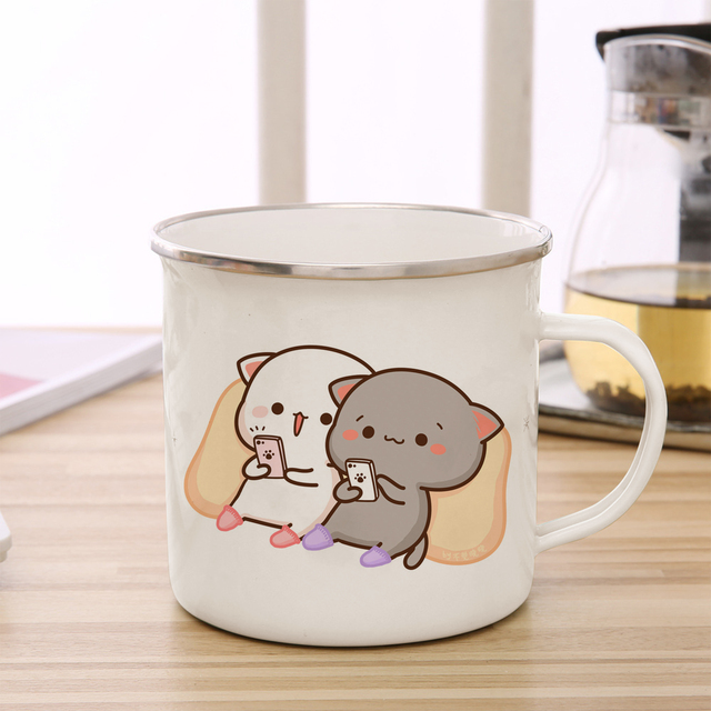 Peach And Goma Cat Enamel Coffee Tea Cup Cute Animal Breakfast Dessert 