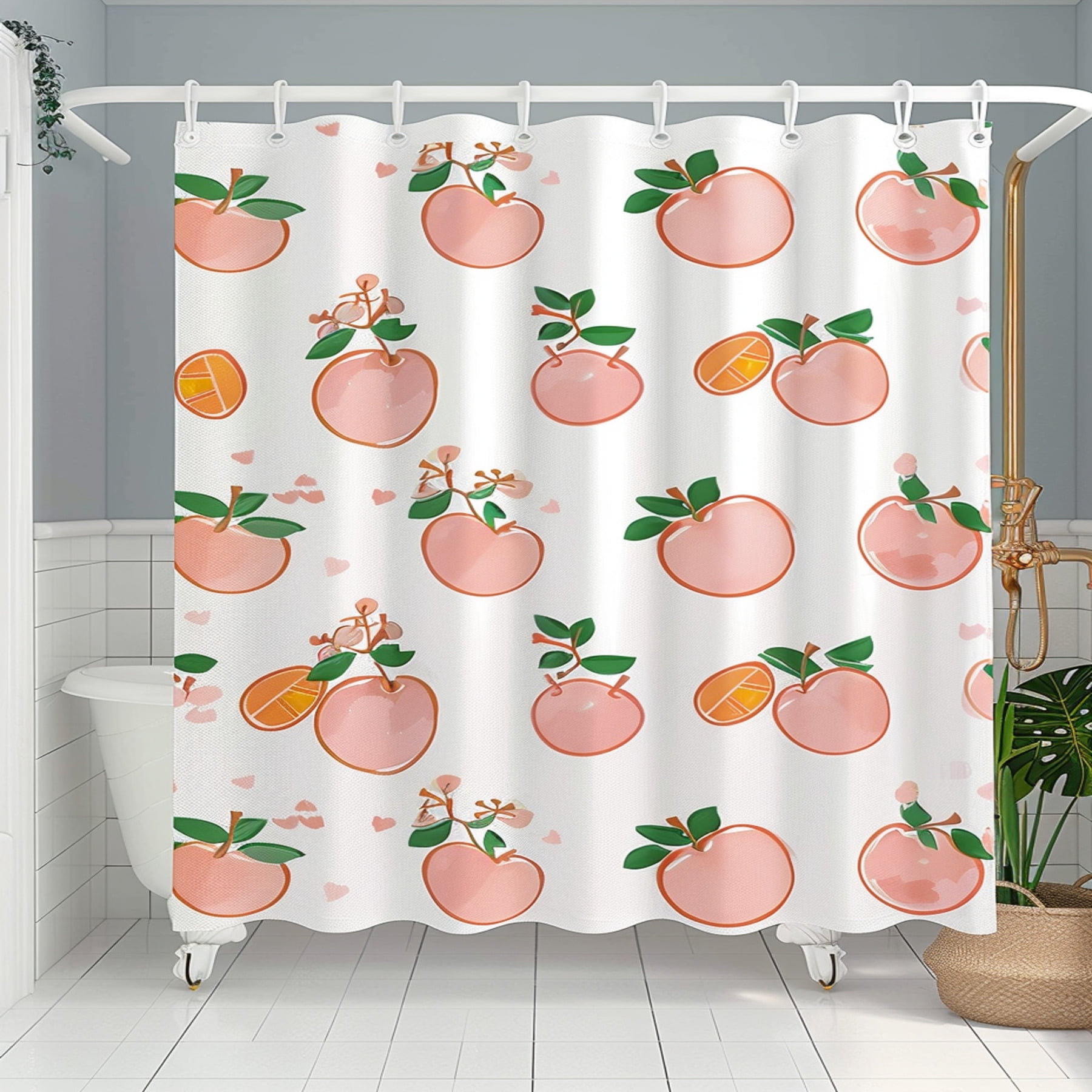 Peach And Pink Kawaii Style Bathroom Curtain With Cute Peach Design 