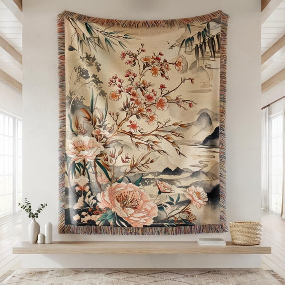 Peach and Teal Peonies, Birds and Misty Mountains Woven Throw Blanket ...
