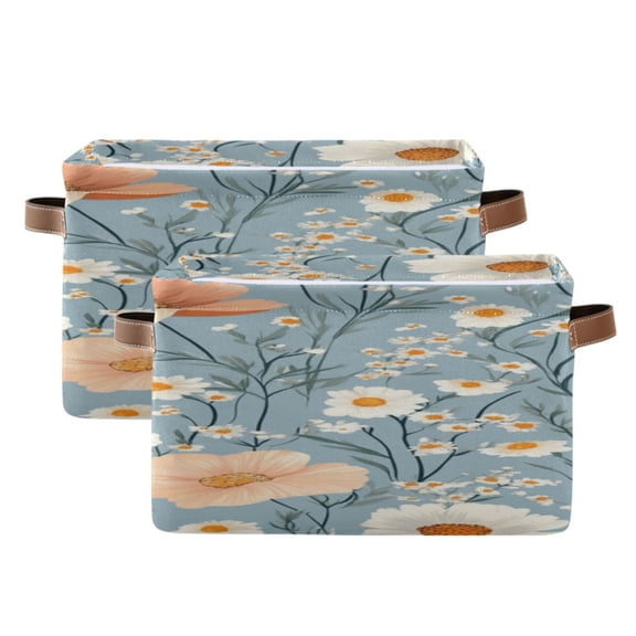 Peach and White Color Flowers Square Storage Bins with Handles Collapsible Containing Box 2 Packs