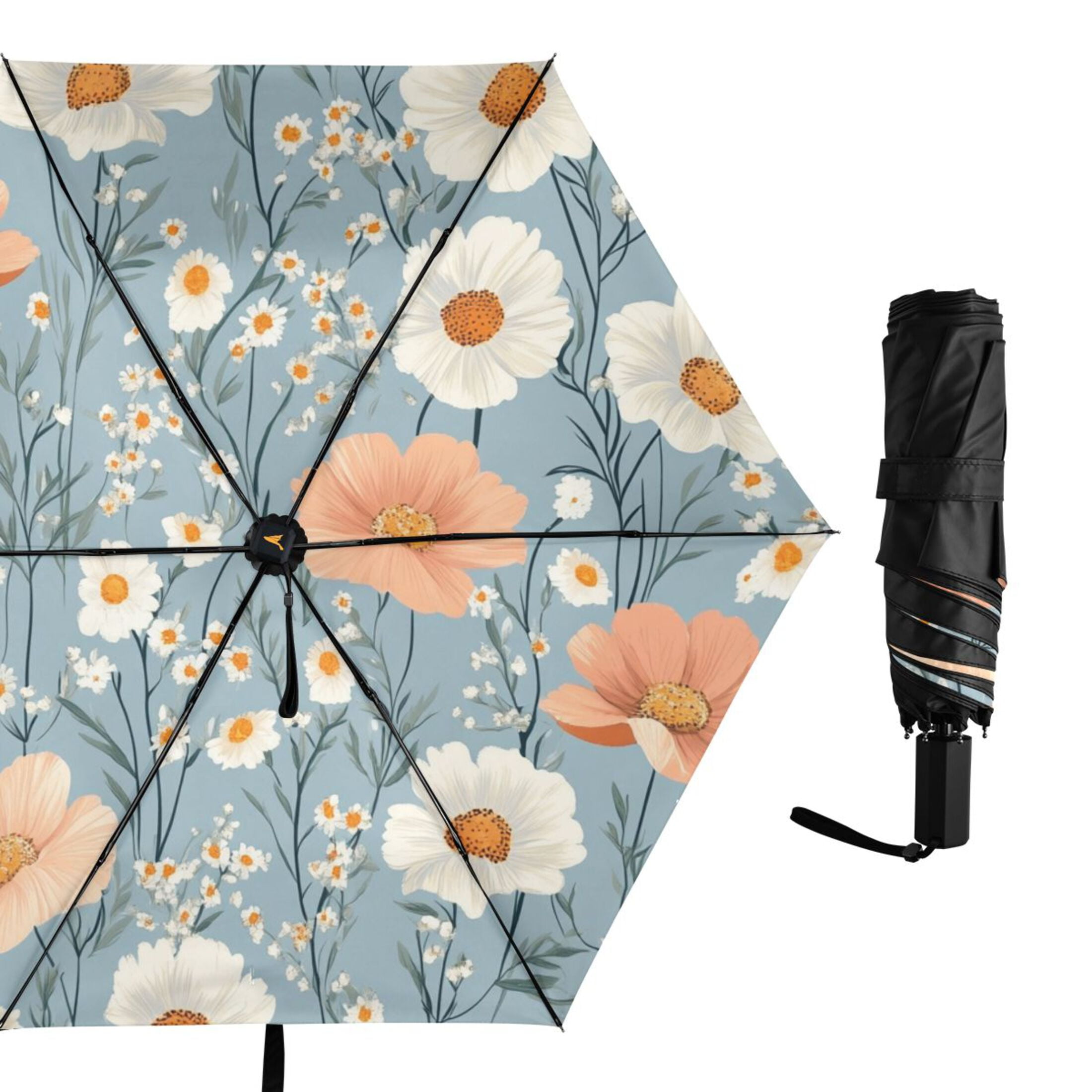 Peach and White Color Flowers Triple Folding Umbrella Parasol 6 Ribs UV ...