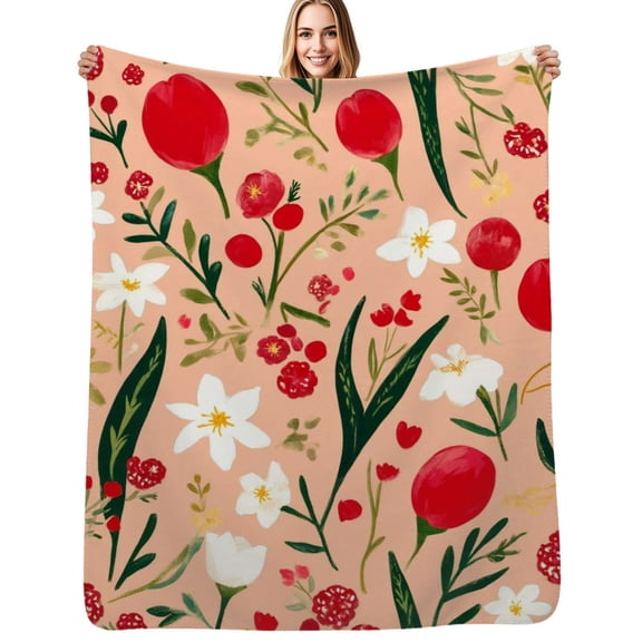 Peach background floral red white blooms Flannel Blanket Warm Soft Bedding Throws Winter Camping Chair Sofa Bed