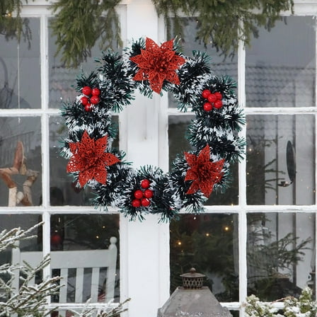 Peacheart 11" Christmas Wreath for Front Door, Tinsel Wreath with Red Glitter Poinsettia and Berry for Christmas Xmas Winter Holiday Farmhouse Home Porch Wall Window Decor