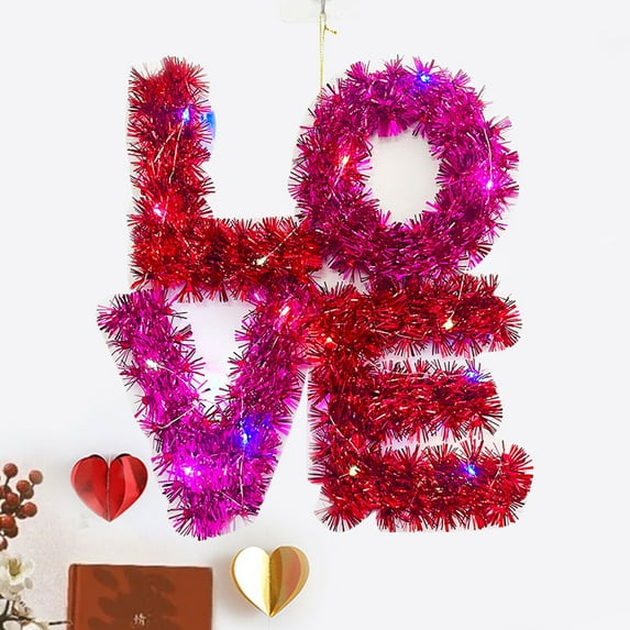 Peacheart 12 Inch Metallic Valentine's Day Love Letters Tinsel Wreath with LED Lights for Valentines Day Anniversary Wedding Party Home Wall Door Window Hanging Decor