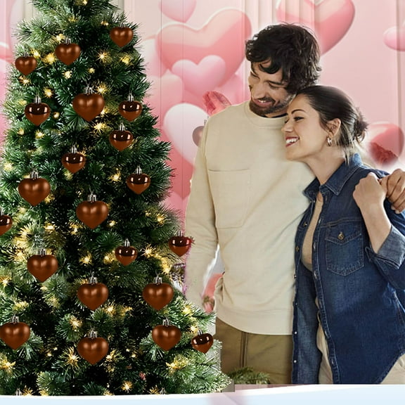 Peacheart 12 Pcs Valentine's Day Heart Ornaments, 1.96" Brown Glossy Matt HHeart Shaped Baubles Hanging Decorations for Tree Valentine's Day Wedding Anniversary Party Home Decor