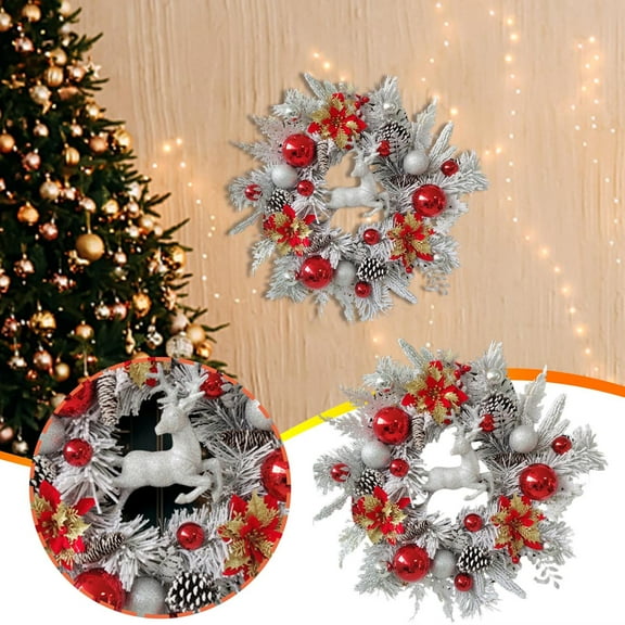 Peacheart 17.7" Christmas Wreath for Front Door, Snow Flocked Artificial Pine Wreath with Poinsettia Berry Pincone Reindeer Ball Ornament for Indoor Outdoor Christmas Home Wall Window Decor