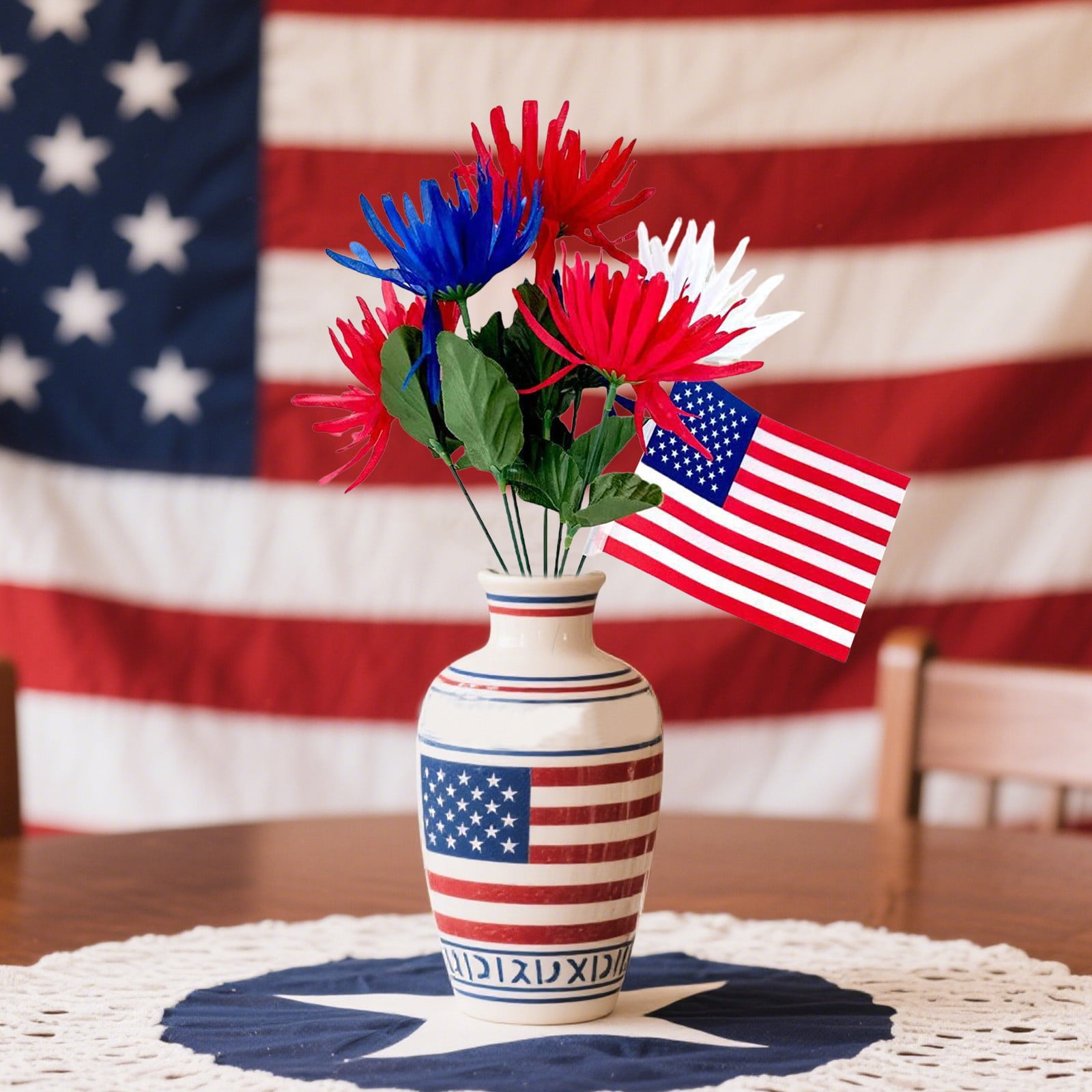 4th Of July Artificial Flowers Centerpiece - Glass Vase With Patriotic Decor & String Lights - View #4