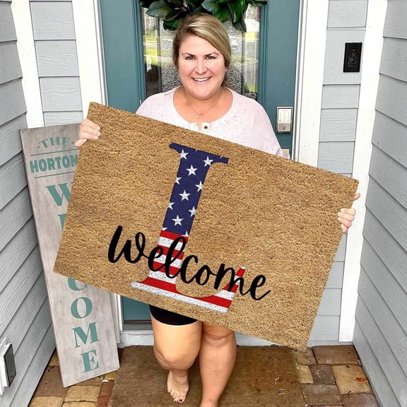 Peacheart 4th of July Patriotic Door Mat, Stars and Stripes Monogram Initial Letter Welcome Doormat for Indoor Outdoor Entrance Patio Porch Independence Day Memorial Day Farmhouse Home Decor, 16"x24"