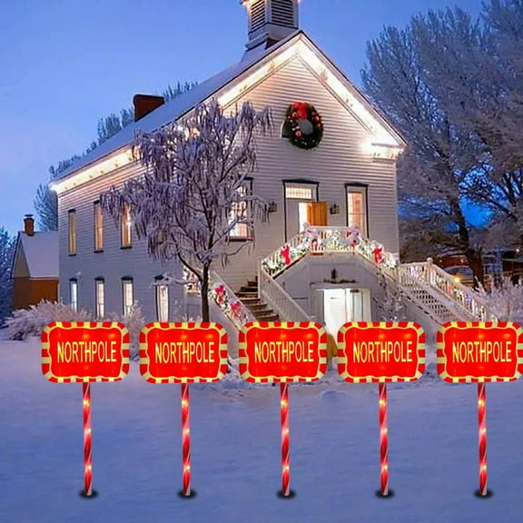 Peacheart 5 Pack Christmas Solar Pathway Light Outdoor Decorations, 19.6" Waterproof Lighted North Pole Sign for Outside Patio Garden Yard Lawn