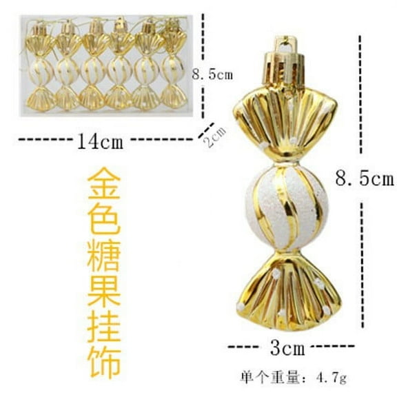 Peacheart 6 Pieces Christmas Candy Ornaments, 3.35" Shatterproof Gold Glitter Candy Christmas Tree Hanging Decoration for Xmas Holiday Party Supplies Farmhouse Home Decor