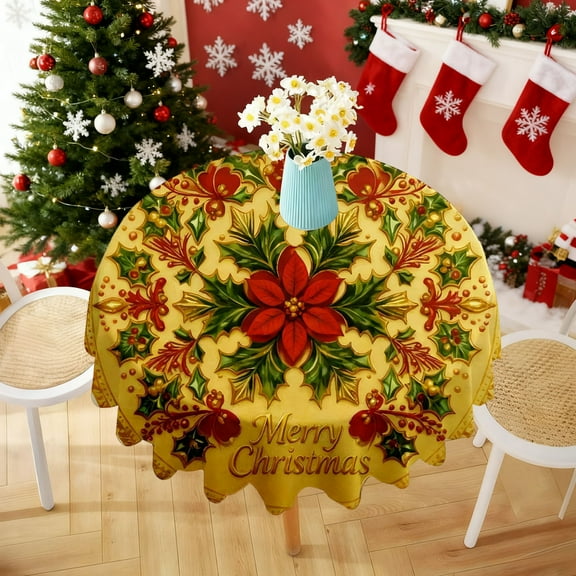 Peacheart 60" Round Christmas Tablecloth, Holly Poinsettia Flowers Christmas Theme Table Cloth, Spillproof Washable Table Cover for Home Kitchen Dinning Room Holiday Party Décor