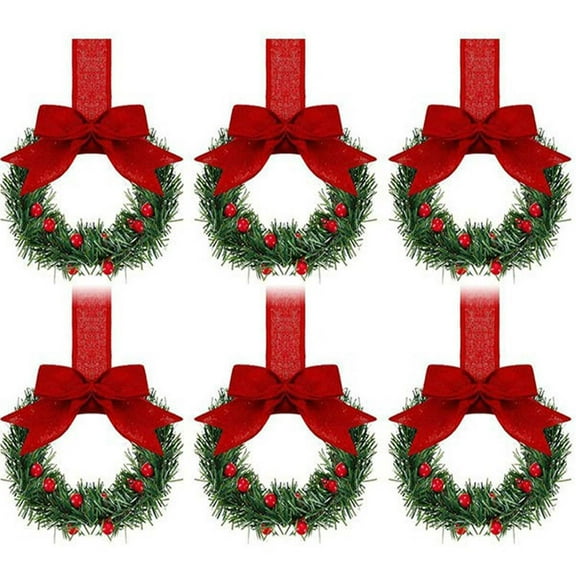 Peacheart 6Pcs 5.1 Inch Small Christmas Wreath, Mini Christmas Kitchen Cabinet Wreath with Red Burlap Bow and Berry for Indoor Outdoor Farmhosue Home Front Door Fireplaces Stairs Chairs Decor