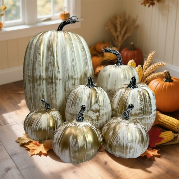 Peacheart 7 Pcs Assorted Gold Artificial Pumpkins, Faux Foam Pumpkins with Stems for Fall Autumn Harvest Thanksgiving Halloween Wedding Party Home Table Centerpiece