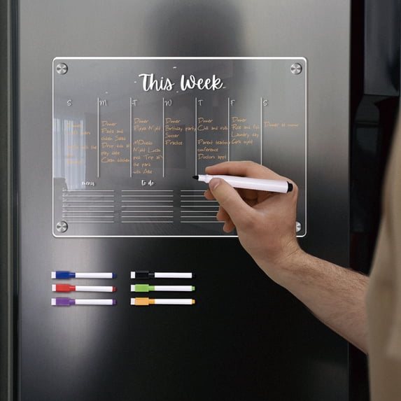 Peacheart Acrylic Magnetic Menu Board with 6 Magnetic Erasable Markers, Clear Acrylic Dry Erase Weekly Planner with To Do & Notes for Kitchen Fridge, 8.2"x11.7"