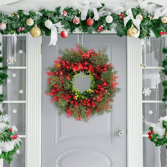 Peacheart Artificial Christmas Pine Wreath for Front Door, 13" Faux Pine Wreath with Red Berry for Christmas Xmas Winter Farmhouse Home Front Porch Wall Window Decor