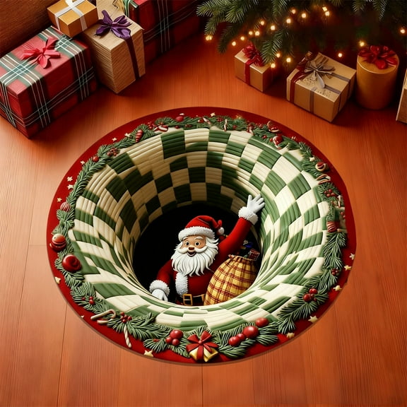 Peacheart Christmas 3D Rug, Christmas Optical Illusion Rug, Decorative Santa Claus Round Rug with Depth Pattern Theme for Home Parties Decor