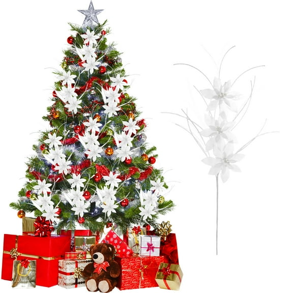 Peacheart Christmas Flower Pick, 31.5" Glitter Artificial Poinsettia Flowers Stem for Christmas Tree Wreath Garland Vase Filler Xmas Wedding Party DIY Crafts Decoration