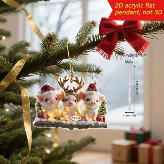 Peacheart Christmas Pig Ornament, 2D Acrylic Pink Pig Christmas Tree Hanging Decoration for Xmas Party Gifts