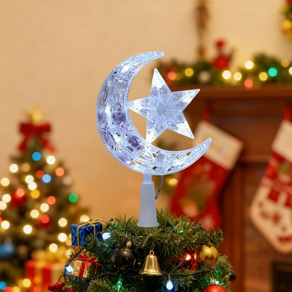 Peacheart Christmas Tree Topper with LED Light, Stars Moon Tree Topper Decoration for Christmas Party Supplies Home Decor