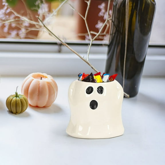 Peacheart Halloween Ghost Bucket Decor, 9.5"x3.9" White Ceramic Ghost Planter Pot for Indoor Plant Halloween Home Office Decor