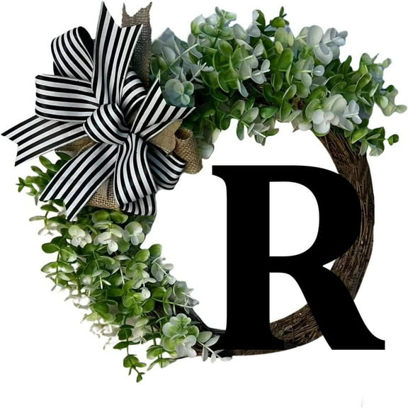 Peacheart Last Name Wreath for Front Door with 26 Initial Letter Sign and Striped Linen Bow for Spring Summer Farmhouse Home Front Porch Hanging Decor, 12 Inch
