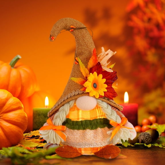 Peacheart Lighted Thanksgiving Gnome Decorations, 8.7" Sunflower Maple Leaf Plush Gnome with LED Light, Light Up Swedish Tomte Gnome Elf Doll for Fall Autumn Harvest Party Farmhouse Home Table Decor