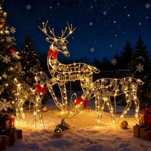 Peacheart Set of 3 Light up Christmas Reindeer, 2D Christmas Deer Outdoor Decoration, Large Outdoor Lighted Deer Decorations for Christmas Yard Decoration