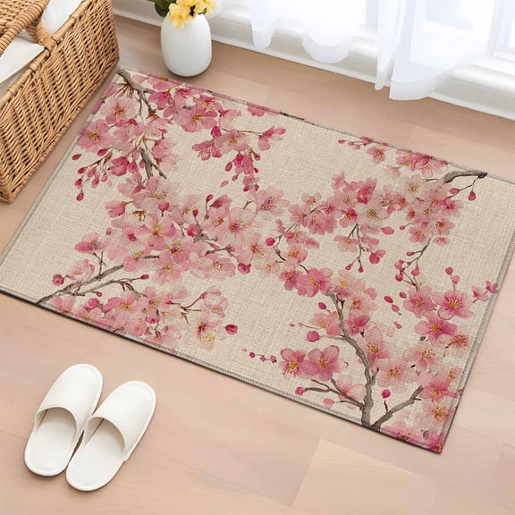 Peaches Branches Entryway Rug 2'x3' Non Slip Front Door Mats, Farmhouse Spring Botanical Pink Flowers Entrance Rugs Indoor Outdoor Carpet, Washable Floor Mats Small Area Rug for Bedroom Kitchen