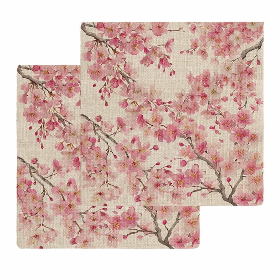 Peaches Branches Kitchen Dish Towels for Drying Dishes Set of 2, Farmhouse Spring Botanical Pink Flowers Waffle Weave Microfiber Hand Tea Bathroom Towels Quick Dry & Absorbent Towel 12x12
