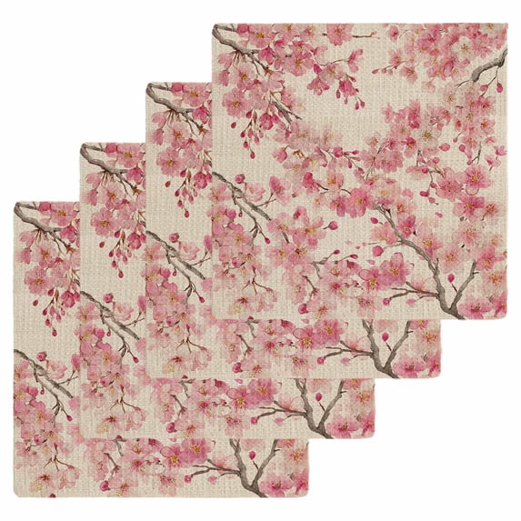 Peaches Branches Kitchen Dish Towels for Drying Dishes Set of 4, Farmhouse Spring Botanical Pink Flowers Waffle Weave Microfiber Hand Tea Bathroom Towels Quick Dry & Absorbent Towel 12x12