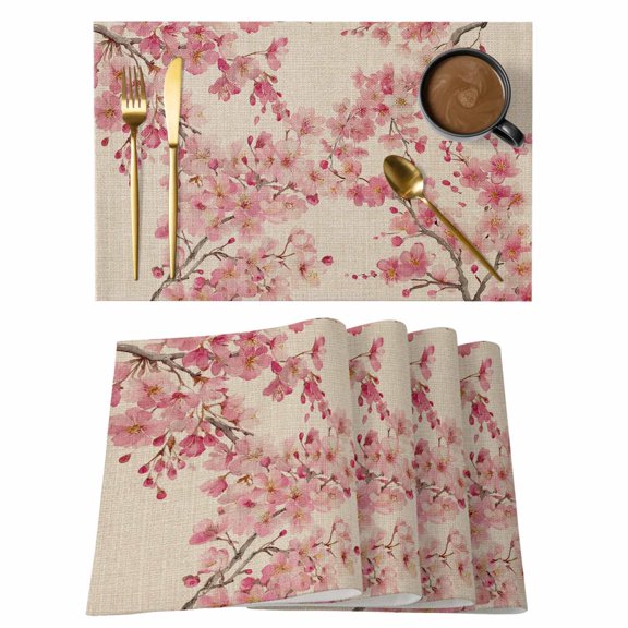 Peaches Branches Placemats Set of 4 Farmhouse Spring Botanical Pink Flowers Place Mats Indoor Wipeable Table Mats Washable Cloth Dining Table Placemats for Kitchen Holiday Party Home Decor 13x19 Inch