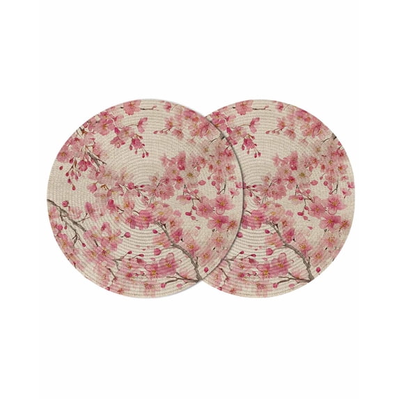 Peaches Branches Round 13 Inch Placemats Set of 2, Farmhouse Spring Botanical Pink Flowers HeatResistant Non Slip Place Mats for Dining Table, Wipeable Braided Kitchen Table Mats for Housewarming
