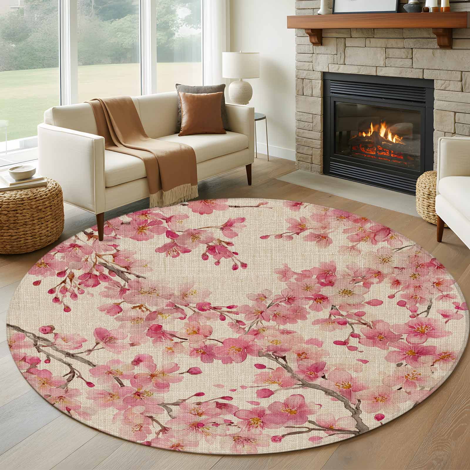 Peaches Branches Round Area Rug 5Ft Washable Circle Rugs for Living Room Bedroom, Farmhouse Spring Botanical Pink Flowers Non-Slip Carpet Floor Mats Indoor Outdoor Carpet Runner Aesthetic Home Decor