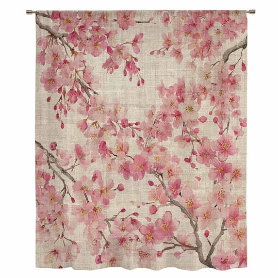 Peaches Branches Sheer Curtains 54 Inches Long, Farmhouse Spring Botanical Pink Flowers Light Filering Curtains, Breathable Simi Curtain Privacy Drapes for Kitchen Bathroom Small Window Treatment