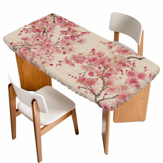 Peaches Branches Table Cloths for 3 Foot Rectangle Tables, Farmhouse Spring Botanical Pink Flowers Patio Waterproof Elastic Fitted Tablecloths, Washable Rectangular Table Cover for Camping