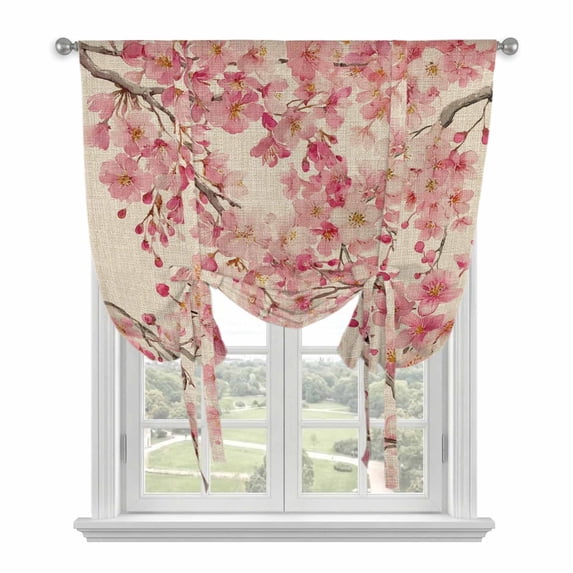 Peaches Branches Tie Up Curtains for Windows, Adjustable Balloon Window Shades, Farmhouse Spring Botanical Pink Flowers Kitchen Window Treatments Farmhouse Short Curtains with Rod Pocket 42"x45"