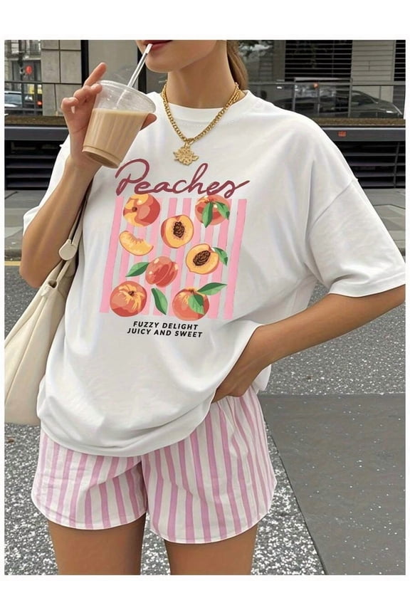 Peaches Fuzzy Delight Juicy And Sweet Graphic Tee, Retro Fruit Aesthetic, All Seasons, Daily Wear