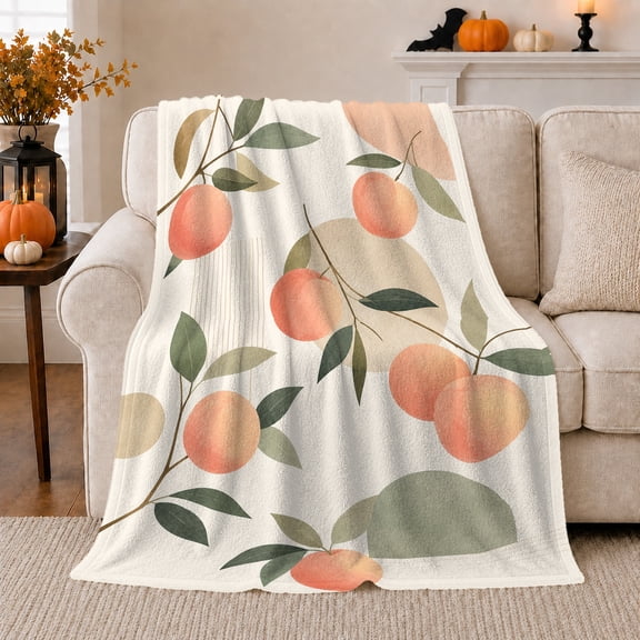 Peaches with Green Leaves on White, Cheerful Botanical Style for Fruit Lovers, Orchard Branch Pattern and Housewarming Gift, Cozy Flannel Blanket for Kitchen and Sunroom, Home Decor