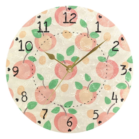 Peaches Leaves Pastel Color Round Wall Clock Silent Analog Battery Operated Gold Pointer Home Decor 9.84" Diameter