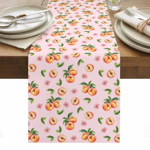 Peaches Pink Table Runner - 36 Inch Long, Kitchen Dining Table Runner Dresser Scarves, Summer Fruit Country Flowers Watercolor Farmhouse Decor for Coffee Tables Wedding Party Banquet