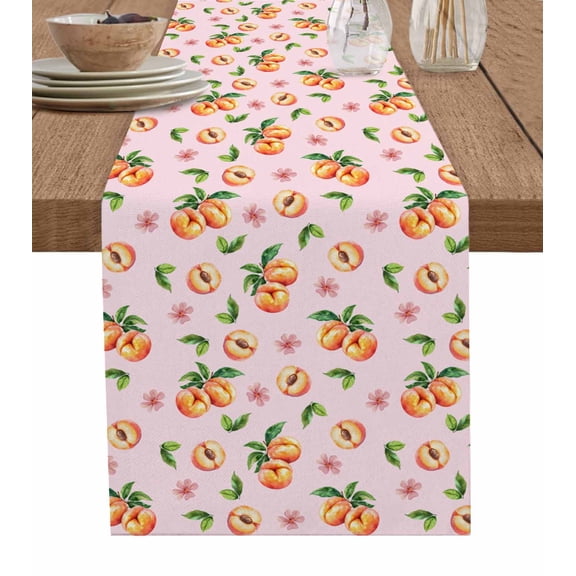 Peaches Pink Table Runner 70 Inches, Summer Fruit Country Flowers Watercolor Bed Runner Dresser Scarves Tabletop for Indoor Outdoor Parties/Ceremony/Banquet, 13" x 70"