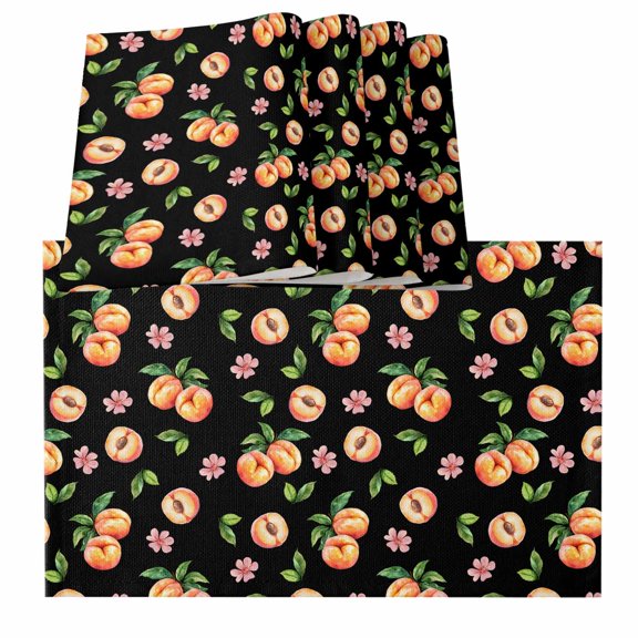 Peaches Placemats for Dinning Table Set of 4, Summer Fruit Flowers Spring Watercolor Black Burlap Kitchen Place Mats Waterproof Cloth Table Mats, Indoor Outdoor Placemats Easy Clean Dinner Decor