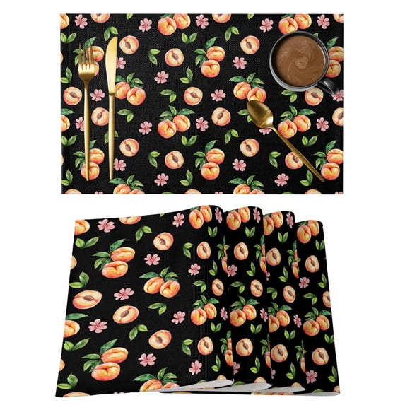 Peaches Placemats Set of 12 Summer Fruit Flowers Spring Watercolor Black Place Mats Indoor Wipeable Table Mats Washable Cloth Dining Table Placemats for Kitchen Holiday Party Home Decor 13x19 Inch
