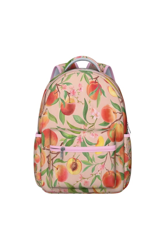 Peaches Print Students Backpack Fresh Pink Peach School Bag with Cute Funny Kawaii Pattern, Abstract Summer Fruit Painting Design
